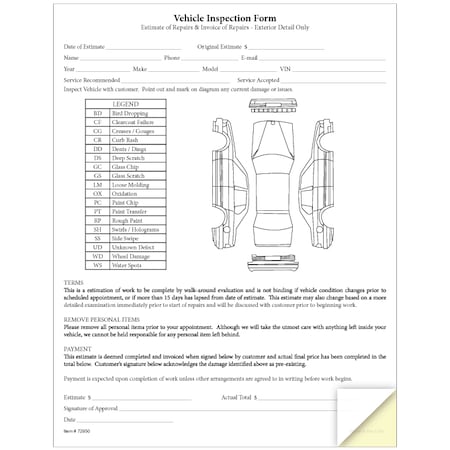 Vehicle Inspection & Estimate Form, 8 1/2 X 11-2 Part, 100 Per Pk Pk
